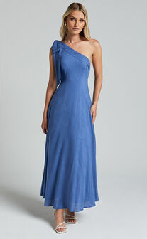 Marifee Midi Dress - Tie One Shoulder Linen Dress in Blue