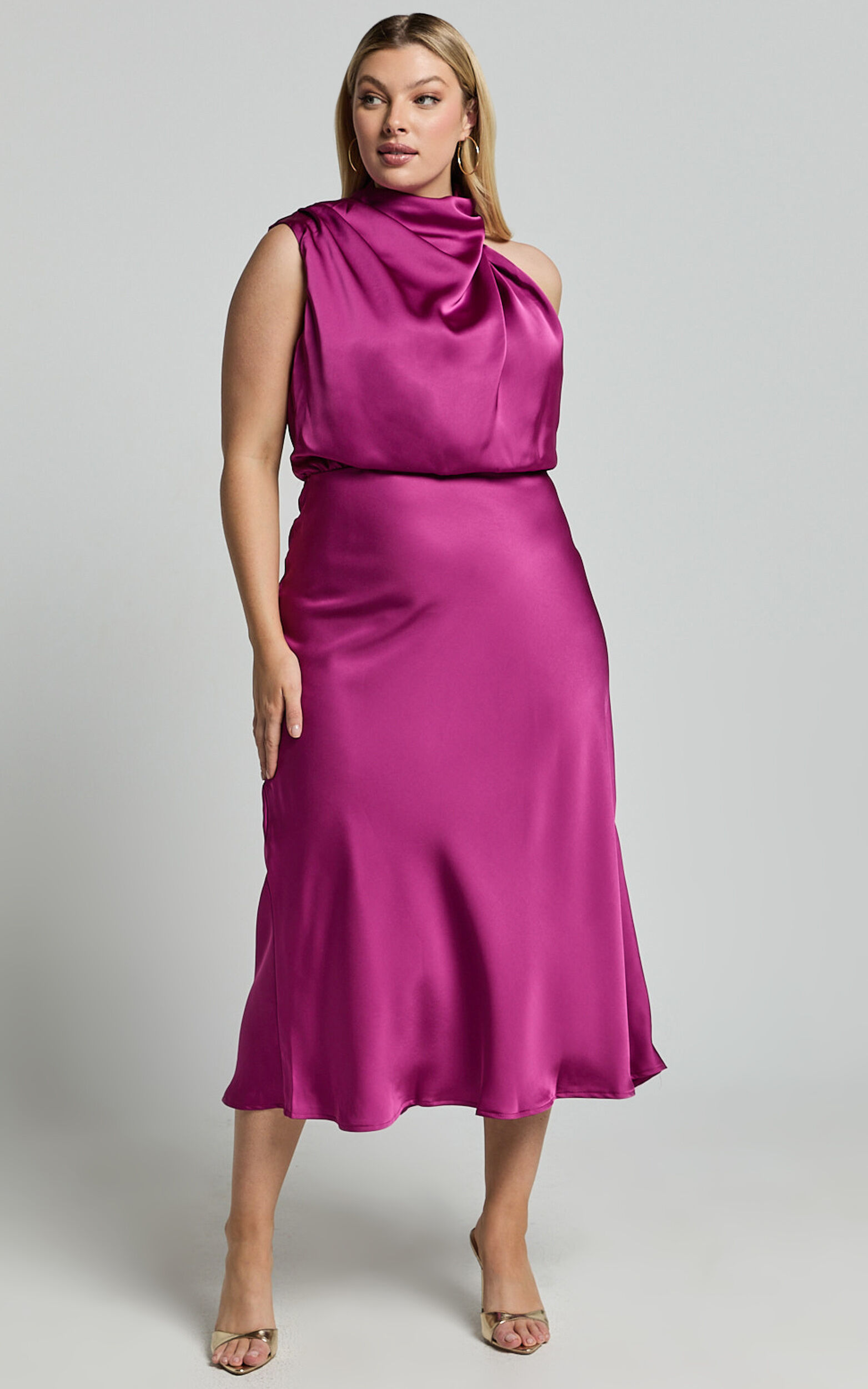 Minnie Midi Dress - Drape Neck Satin Slip Dress in Purple | Showpo USA