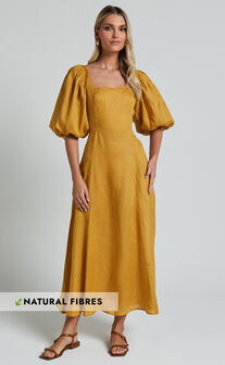 Amalie The Label - Zoya Linen Short Puff Sleeve Backless Maxi Dress in Gold