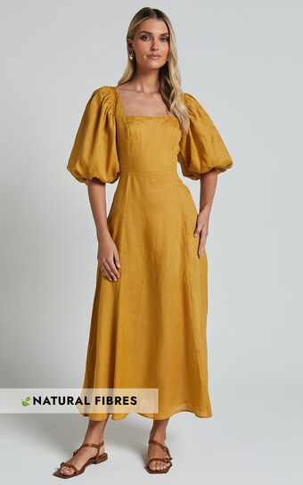 Amalie The Label Zoya Linen Short Puff Sleeve Backless Maxi Dress in Gold