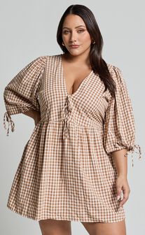 Rosita Mini Dress - Tie Front Puff Sleeve Dress in Caramel & White Gingham