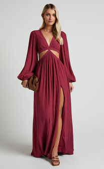 Paige Maxi Dress - Side Cut Out Balloon Sleeve Dress in Mulberry