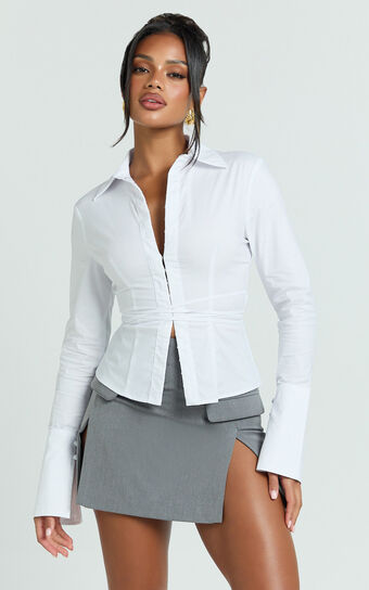 Katherine Top - Collared Plunge Flared Sleeve Top in White