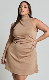 Rubie Mini Dress - High Neck Asymmetrical One Shoulder Dress in Mocha