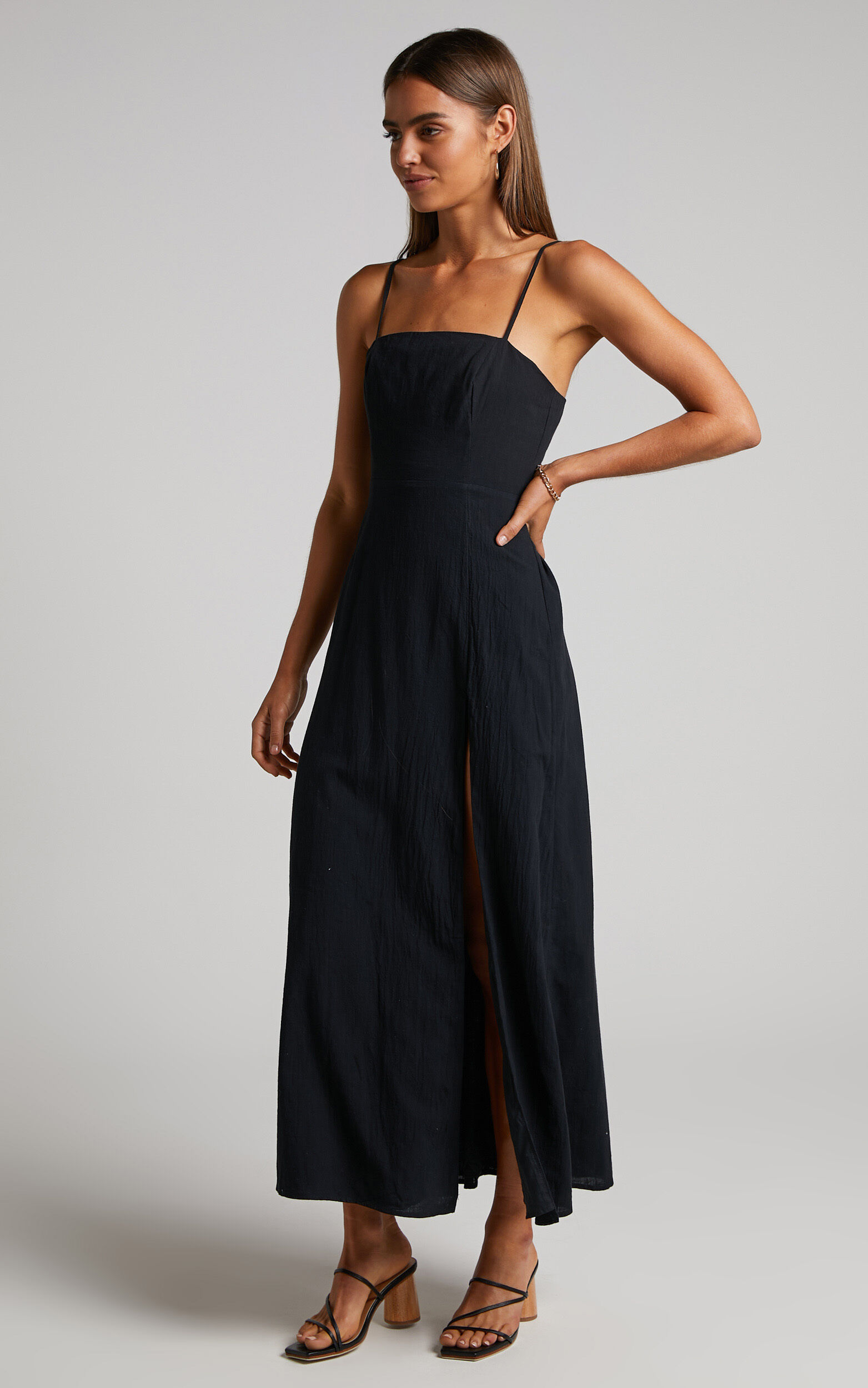 Marsha Midi Dress High Split Slip Dress in Black Showpo