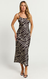 Hailey Midi Dress - Sleeveless Scoop Slip Dress in Rope Print