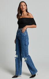 Miho Jeans - High Waisted Recycled Cotton Distressed Straight Leg Denim Jeans in Dark Blue Wash ...