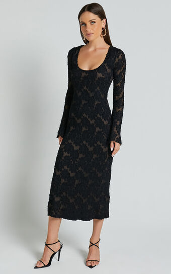 Kathy Midi Dress - Scoop Neck Long Sleeve Jacquard Textured Dress in Black Showpo