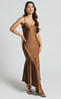 Etienne Midi Dress - Asymmetric Hem Satin Slip Dress in Chocolate