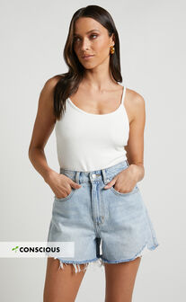 Eloisa Shorts - Recycled Cotton Raw Hem Denim Shorts in Mid Blue Wash