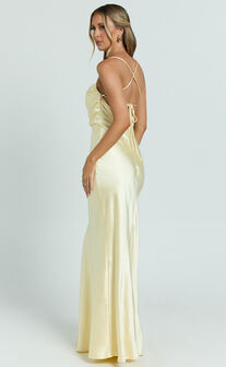 Hanna Maxi Dress - Satin Cowl Neck Low Back Dress in Lemon