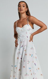 Robertson Midi Dress - Strappy Sweetheart Bustier Flare Dress in Painterly Wild Flower