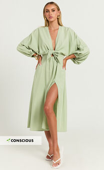 Tyricia Midi Dress - Long Sleeve Tie Front Cut Out Dress in Sage