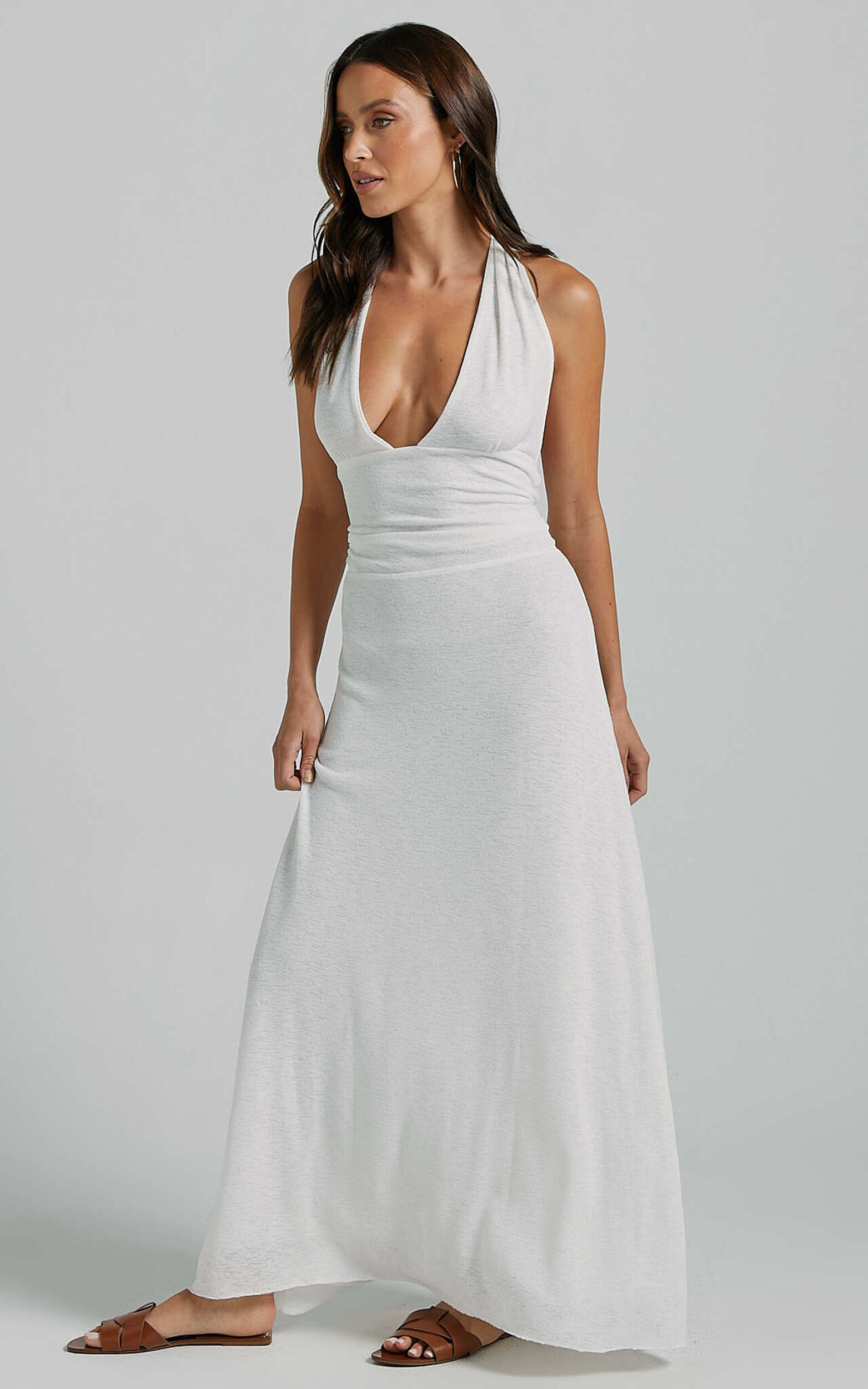 Wesley Maxi Dress - Plunge Halter Neck Backless Tie in White