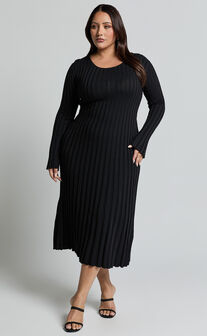 Blaire Midi Dress - Long Sleeve Tie Back Flare Dress in Black