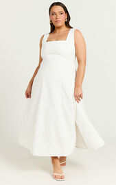 Walters Midi Dress - Square Neck Shirred Back Fit and Flare Panel Dress in White | Showpo