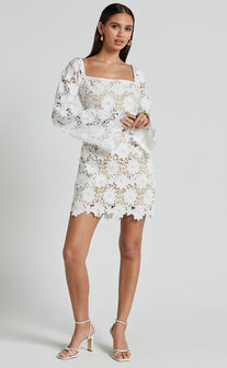 Cassie Mini Dress - Straight Neck Long Flared Sleeve Tie Back Lace Dress in White