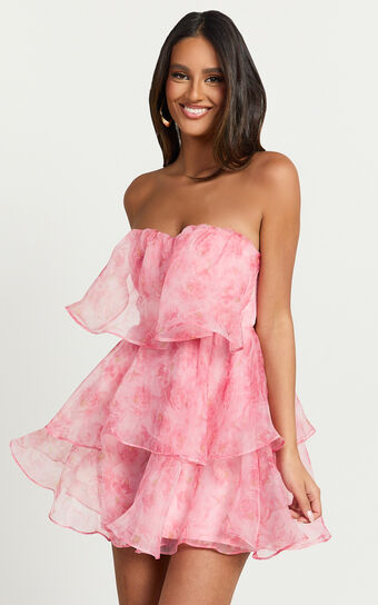 Caren Mini Dress - Sweetheart Strapless Layered Dress in Pink