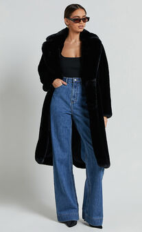 Maxwell Coat - Long Line Faux Fur Coat in Black