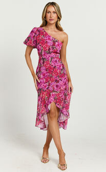 Clabelle Midi Dress - One Shoulder Ruffle Tulip Hem Dress in Violette Blur Floral