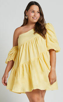 Harleen Mini Dress - Linen Look Asymmetrical Trim Puff Sleeve Dress in Lemon