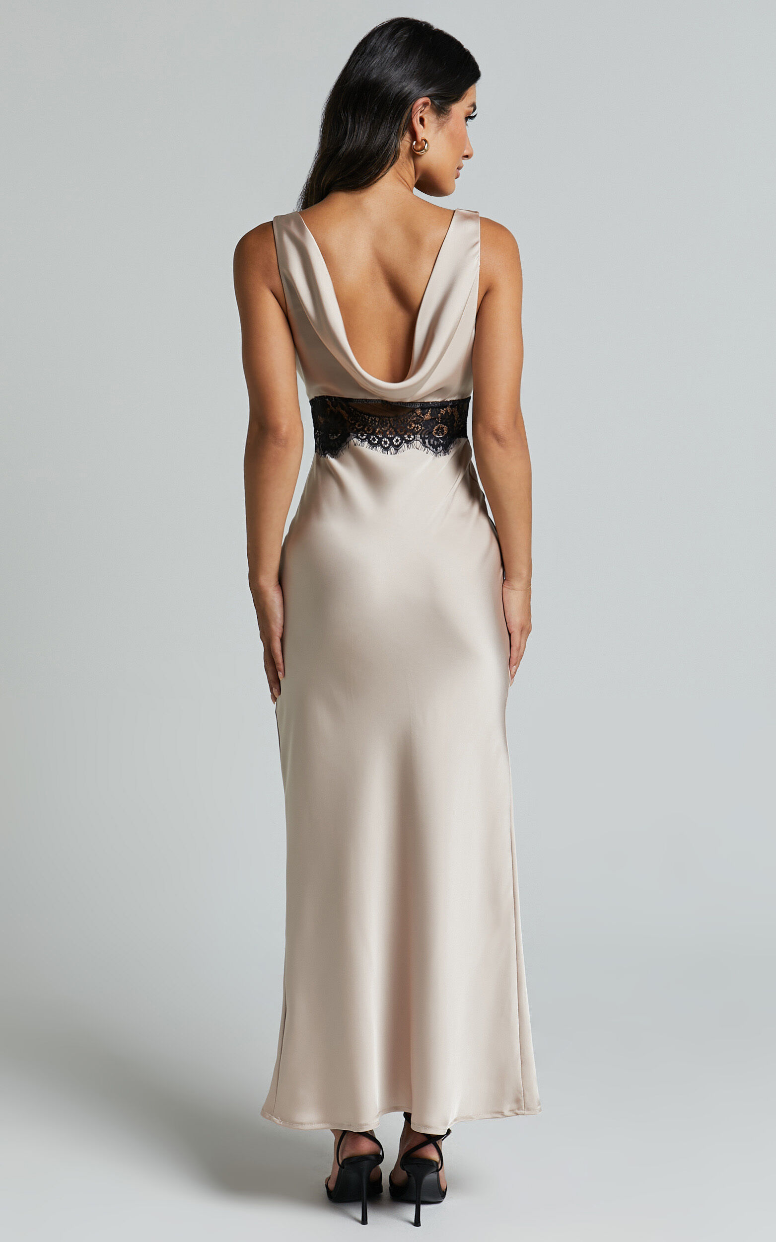 Olivia Midi Dress - Strapless Gathered Side Split Satin Dress in Champagne