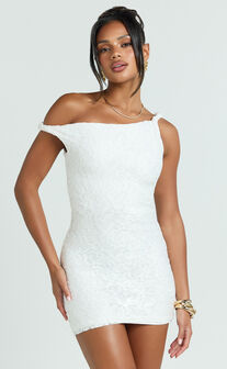 Miller Mini Dress - Lace Twist Off Shoulder Bodycon Dress in White