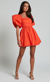 Tamara Mini Dress - Short Puff Sleeve Ruched Dress in Orange