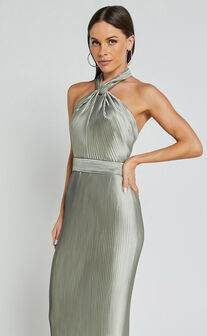 Marlette Midi Dress - Pleated Open Back Halter Dress in Sage