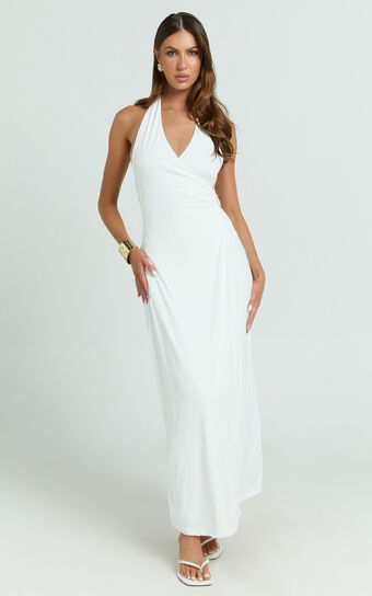 Roseville Maxi Dress - Wrap Front Halter Dress with Hardware Detail in White