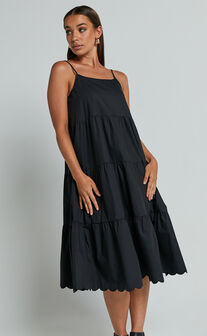 Siony Midi Dress - Scoop Neck Strappy Scallop Hem Tiered Dress in Black