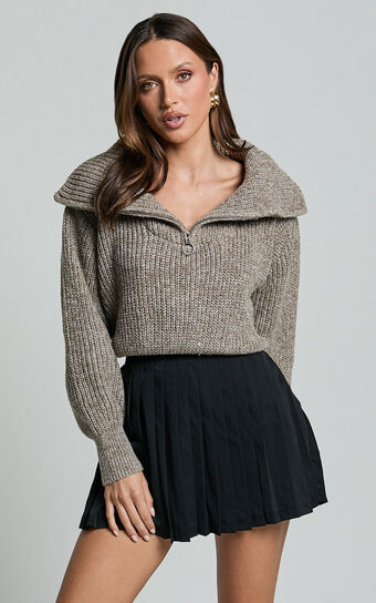 Ace Jumper - Chunky Quarter Zip Knit Jumper in Taupe