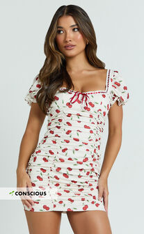 Bailey Mini Dress - Recycled Cherry Print Cap Sleeve Ruched Bust Bodycon Dress in Blushing Cherries Print