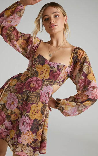 Ebonee Mini Dress - Puff Sleeve Cut Out Dress in Classic Floral