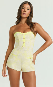 Jada Playsuit - Boucle Sweetheart Button Detail Playsuit in Lemon