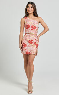 Anita Two Piece Set - One Shoulder Crop Top and Split Mini Skirt Jacquard Set in Rust