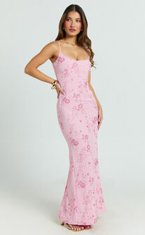 Shari Maxi Dress - Strappy Scoop Neck Column Fitted Sequin Mesh Dress in Pink