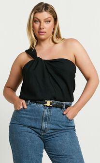 Bobbi Top - Linen Look Knot Detail One Shoulder Top in Black