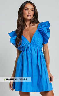 Raiza Mini Dress - Ruffle Sleeve Tie Back Plunge Dress in Blue