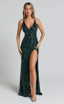 Out Till Dawn Maxi Dress - Thigh Split Dress in Emerald Sequin