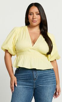 Mellie Top - Puff Sleeve Peplum Top in Yellow