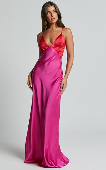 Quincy Maxi Dress - Contrast Panel Satin Slip Dress in Pink/Red