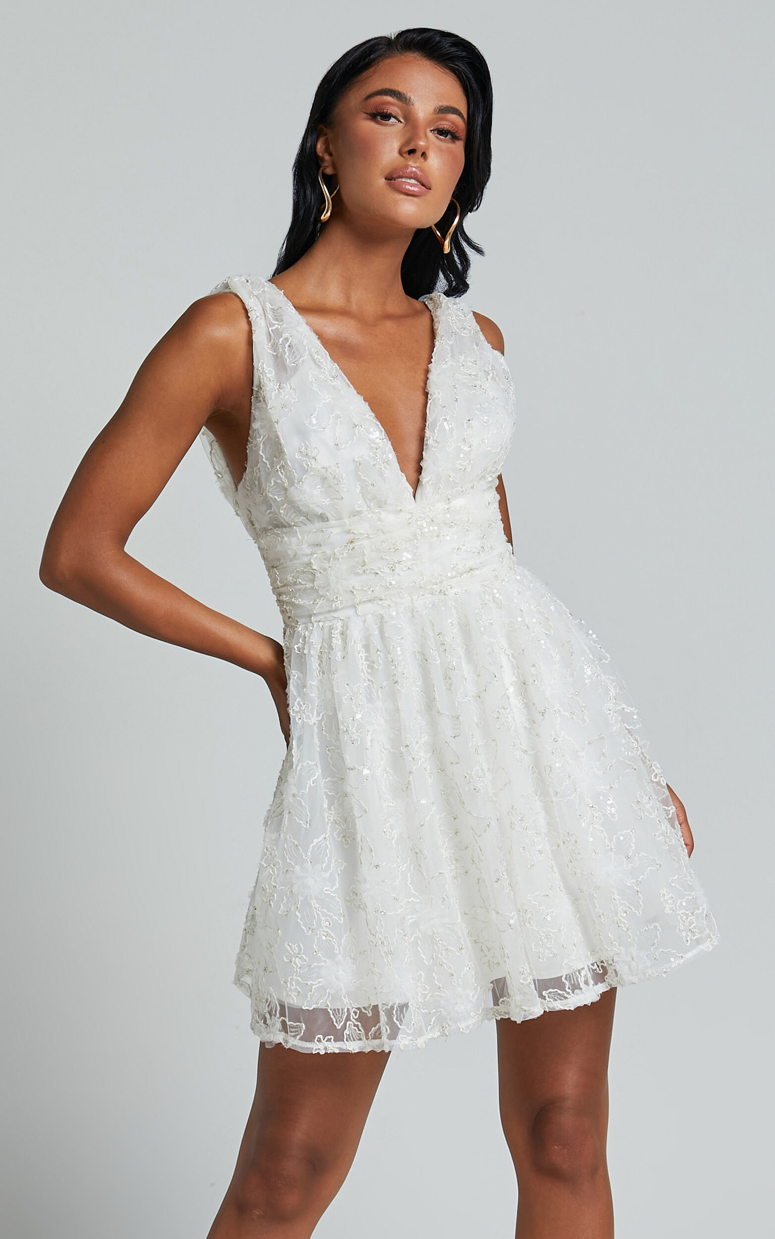 Abigal Mini Dress -Plunge Tie Back Sequin Embroidery Dress in Ivory - 06, WHT1