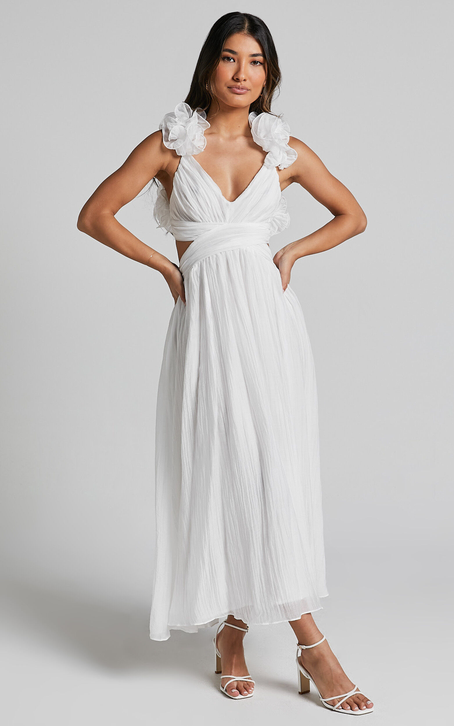 Marielly Maxi Dress Side Cut Out V Neck Ruffle Detail Sleeve Dress in White Showpo USA