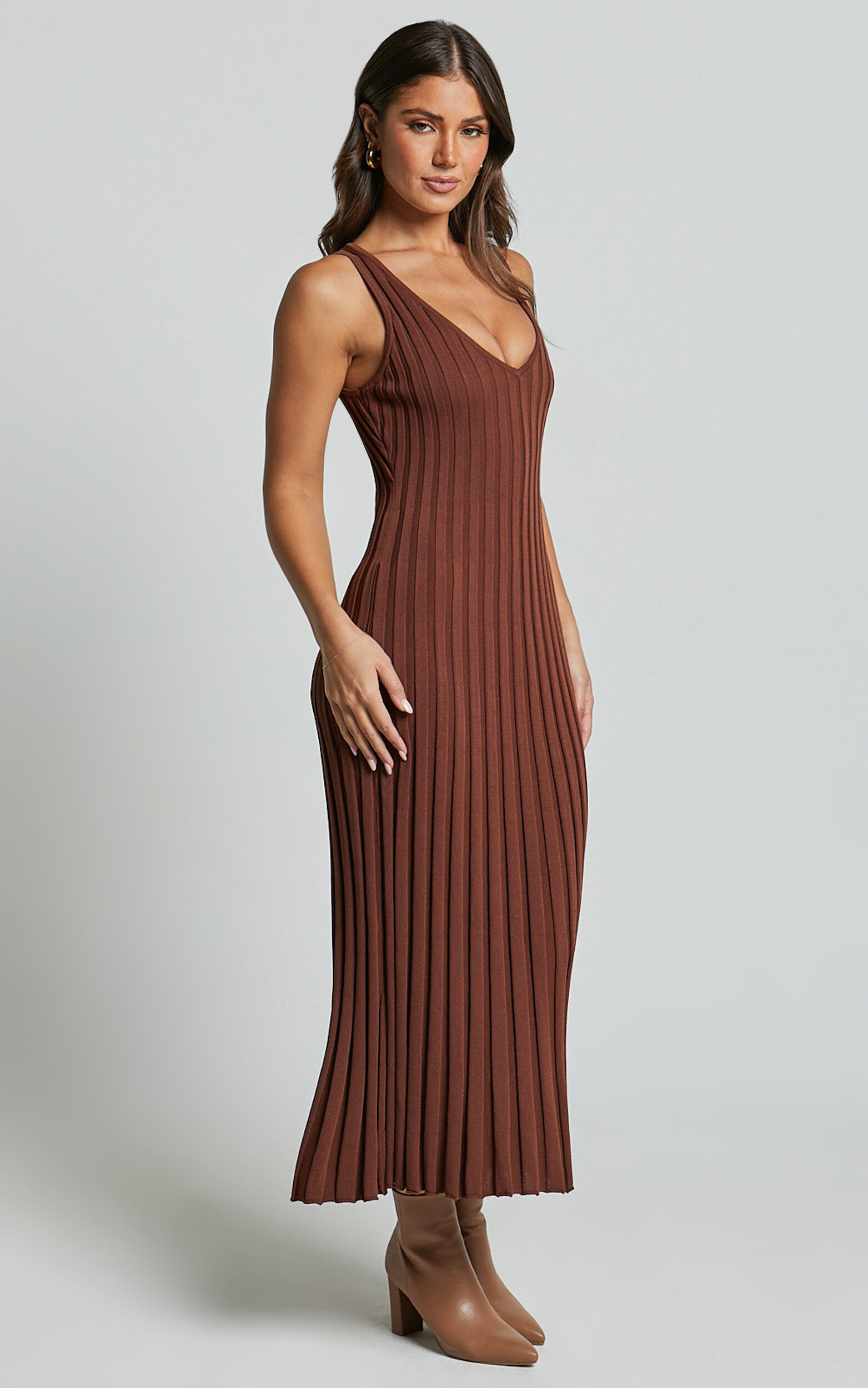 Maya Midi Knit Dress - Sleeveless V Neck Knited Dress in Dark Chocolate | Showpo