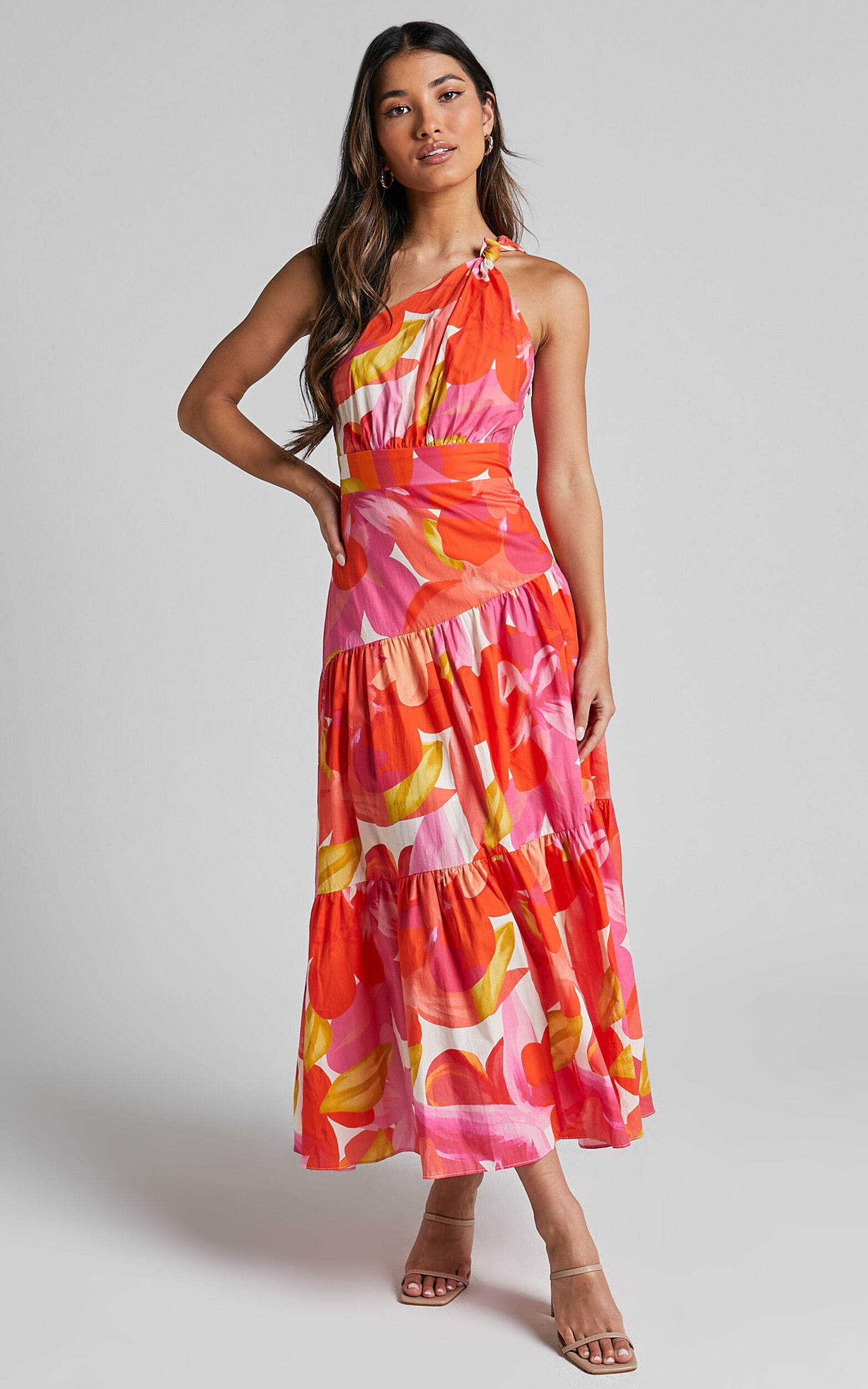 Merclaire Midi Dress - One Shoulder Tiered Dress in Orange Floral - 06, ORG1