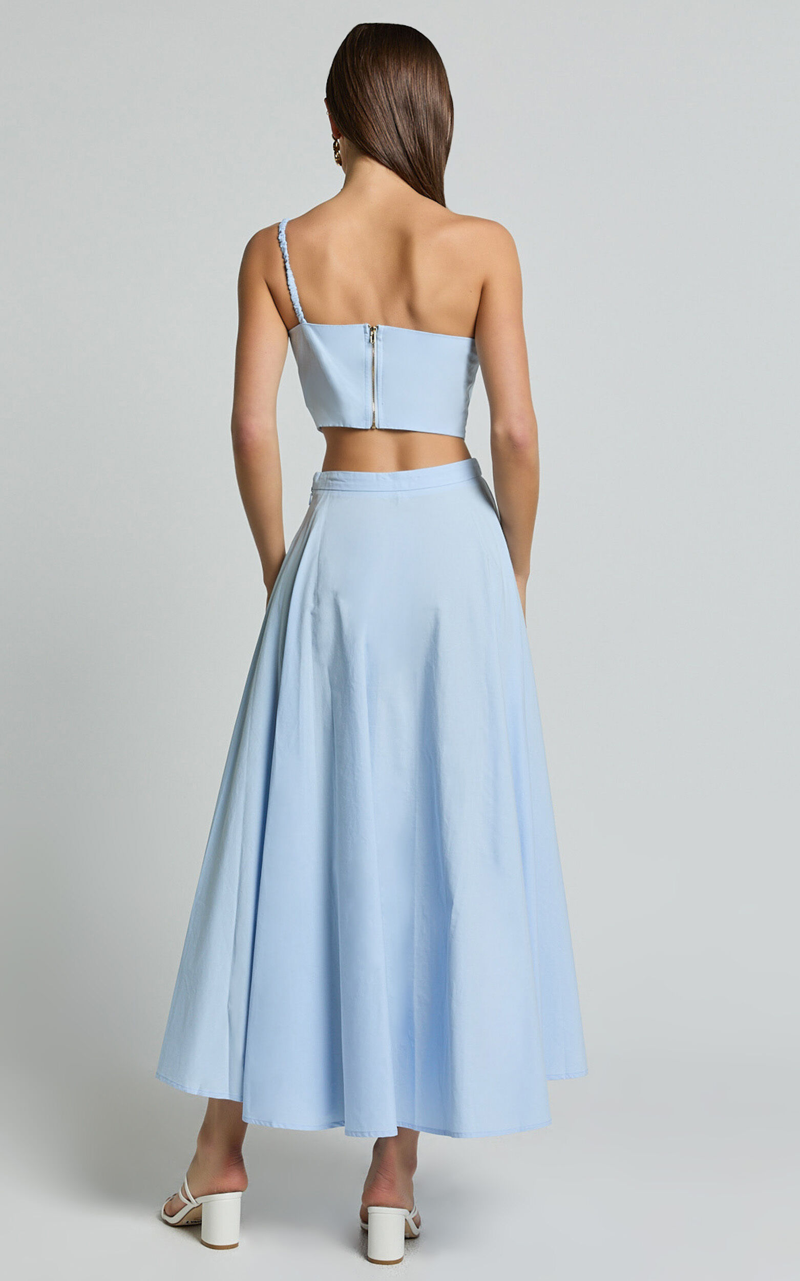 Claire Two Piece Set One Shoulder Rosette Detail Crop Top And A Line Skirt Set in Powder Blue Showpo