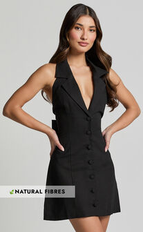 Sammie Mini Dress - Backless Halter Neck Linen Look Dress in Black