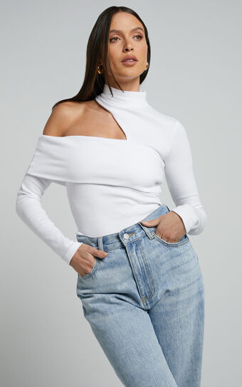 Kiefer Top - Asymmetric Long Sleeve Cutout Top in White