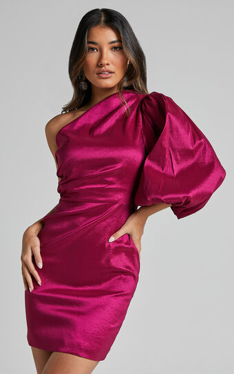 Denjella Mini Dress - 3/4 One Shoulder Puff Sleeve Bodycon Dress in Grape